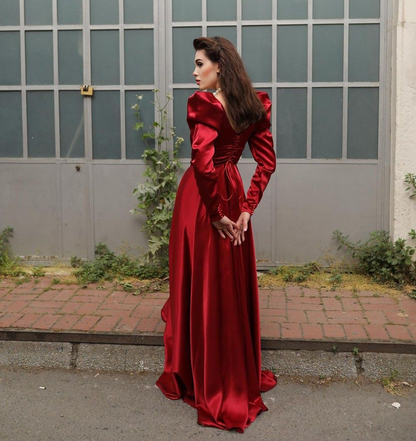 Elegant Formal Burgundy Evening Dress with Long Sleeves  Y4727