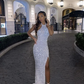 Glamorous Mermaid Halter White Sequin Long Prom Evening Dress with Split S24242
