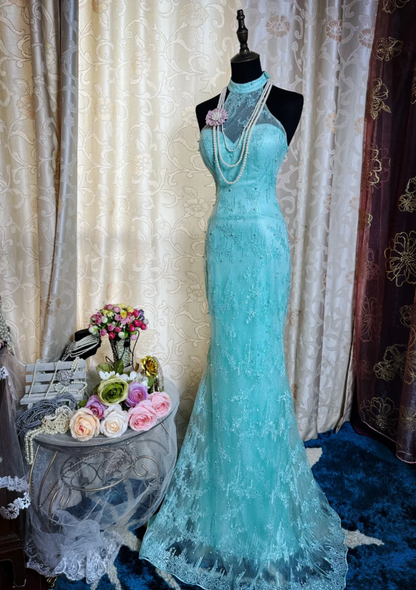Glamorous Sleeveless Mint Green Lace Beaded Mermaid Long Prom Dress Formal Birthday Evening Gown SP1893