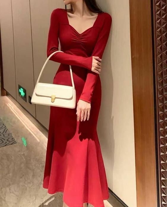 Red Long Sleeves Mermaid Evening Dresses Prom Gown Party Gowns Y5618