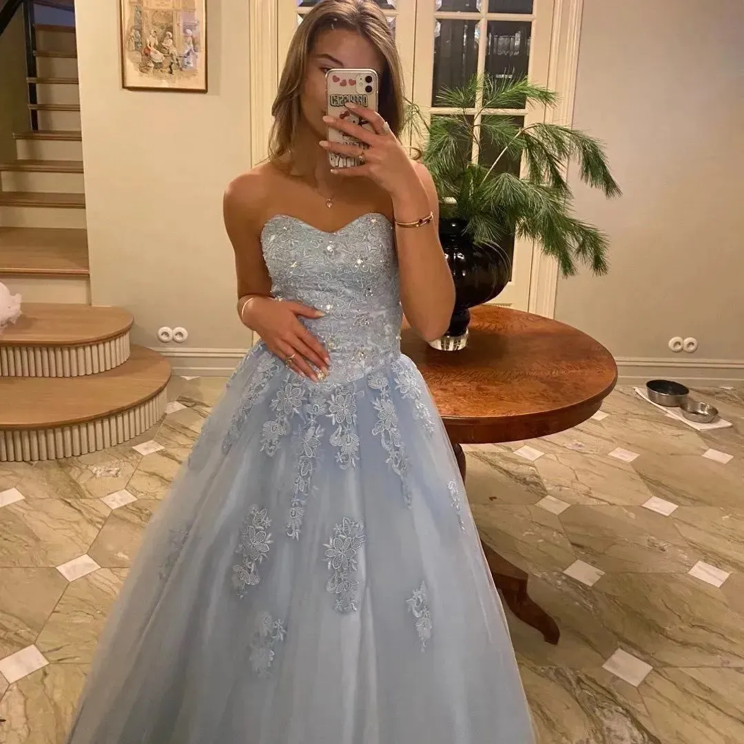 Fairy Blue Strapless Tulle Appliques Beaded A Line Long Prom Dress Birthday Party Dress SP2111