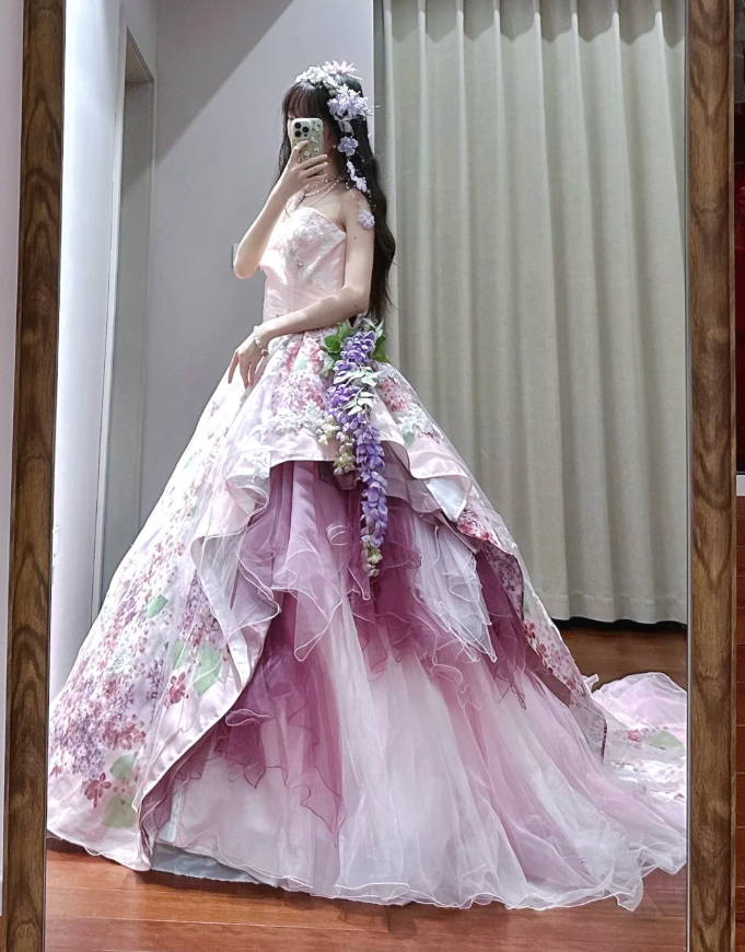 Sweet Strapless Satin Print Floral Long Ball Gown Pink Quinceanera Dress SP1187