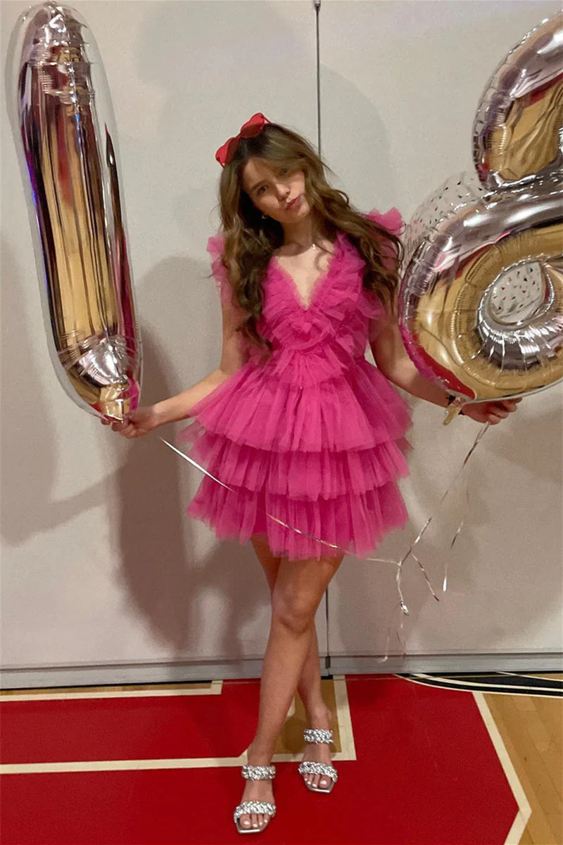 Cute Pink Ruffled Tiered Tulle Short Homecoming Dress Y1995
