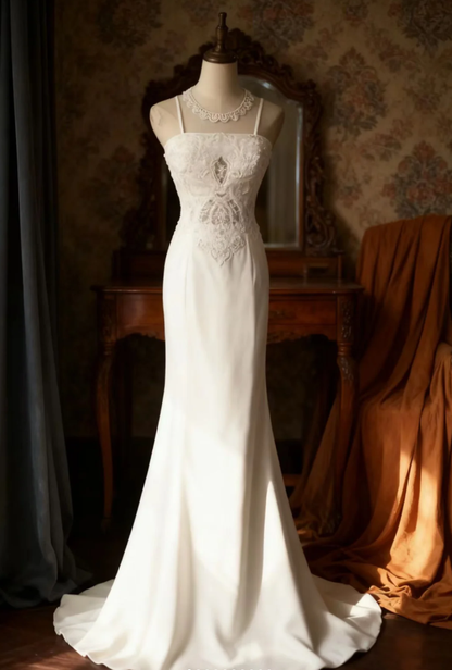 Elegant Spaghetti Straps White Satin Lace Beaded Mermaid Evening Dress Long Wedding Guest Dress SP1213