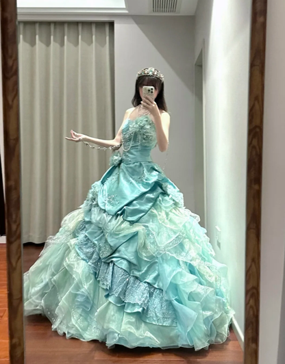 Chic Strapless Tulle Satin Beaded Ruffles Long Ball Gown Green Sweet Princess Quinceanera Dress SP1190