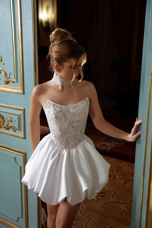 Elegant Strapless Lace Satin A Line Short Birthday Outfits,White Short 7th Grade Homecoming Dress SP3071