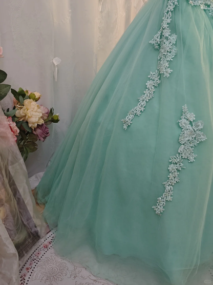 Charming Green Off The Shoulder Tulle Appliques Formal Quinceanera Dress Ball Gown SP2162