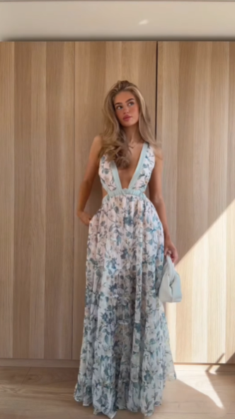 Elegant V Neck Blue Chiffon Printed Floral Long Evening Dress Backless Prom Gown SP1142