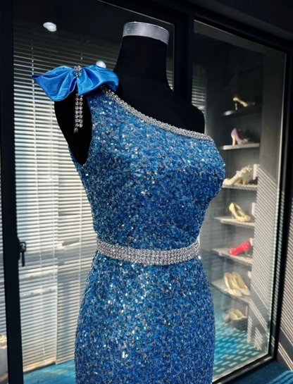Gorgeous One Shoulder Blue Sequin Beaded Mermaid Long Party Dress 20th Birthday Outfits SP1956