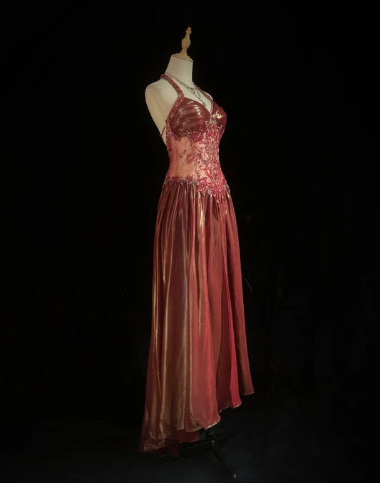 Retro Halter Satin Beaded A Line Long Wedding Guest Dress Formal Birthday Prom Dress Evening Gown  SP1440