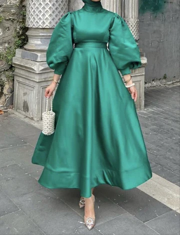 Modest Navy Blue A-line Satin Prom Dress,Muslim Dress Y6983