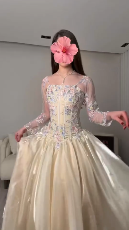 Classy Light Champagne Tulle Beaded Floral A Line Long Wedding Guest Dress Formal Evening Dress Birthday Dress SP2269