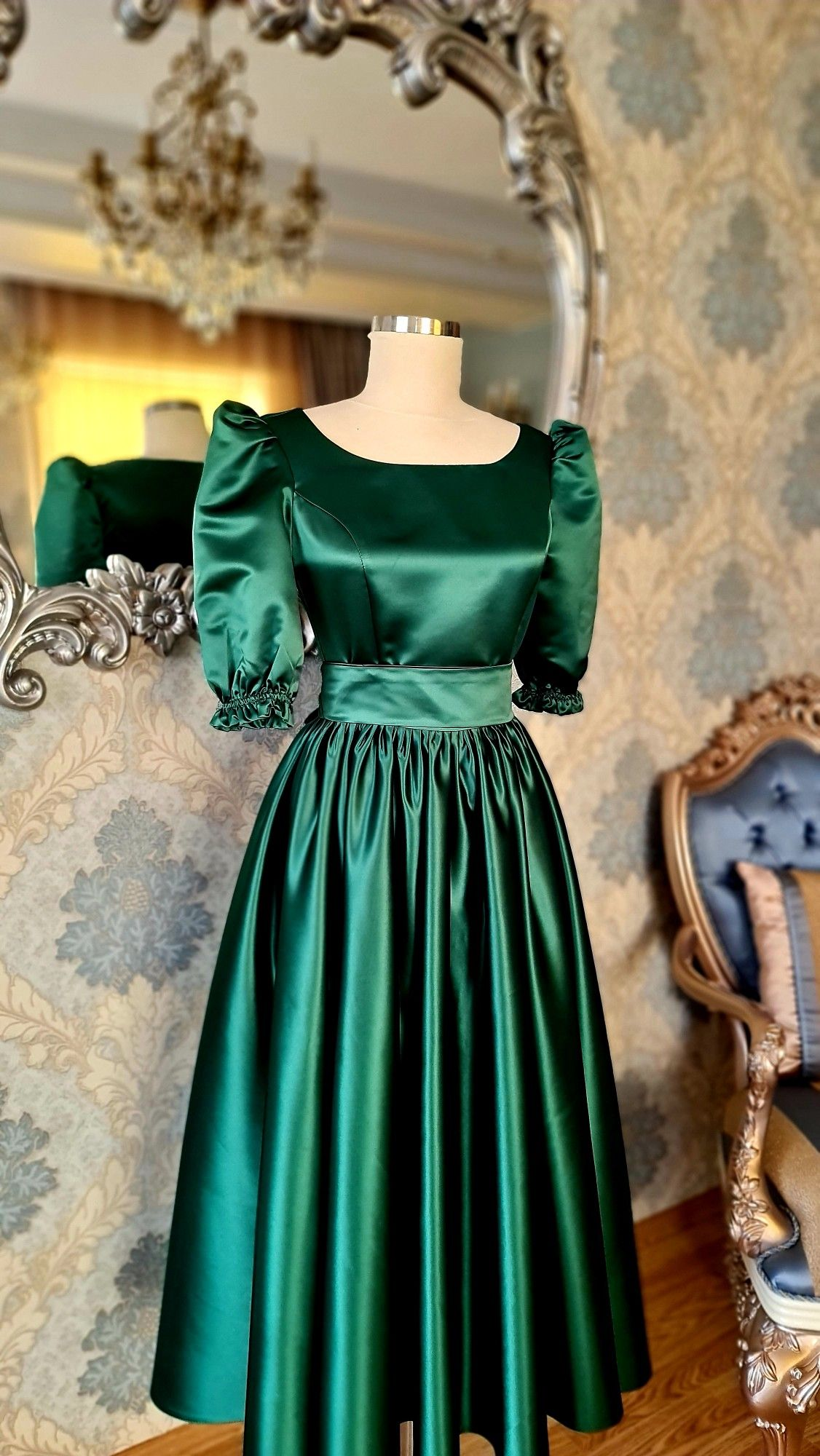 Modest Green Satin Midi-length Prom Dress,Green Party Dress  Y4969