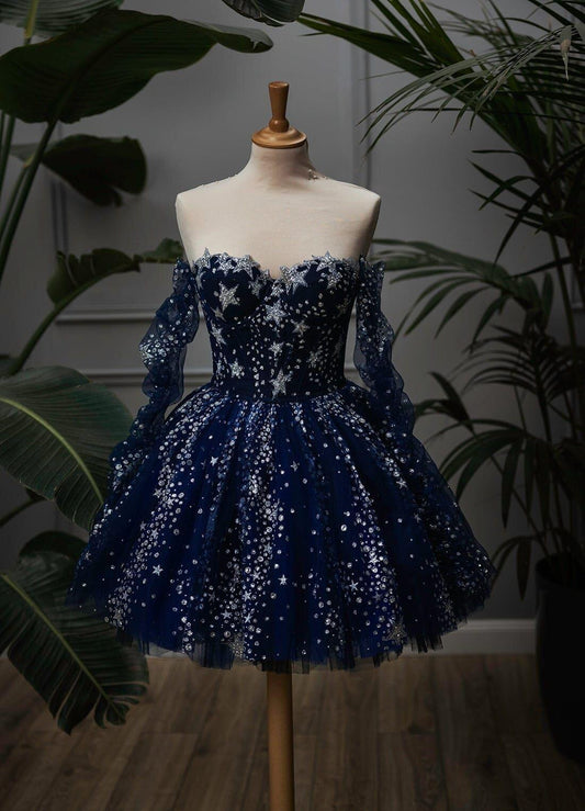 Gorgeous Navy Blue Tulle Sequin Short 18th Birthday Outfits Off The Shoulder Mini Homecoming Dress SP3825
