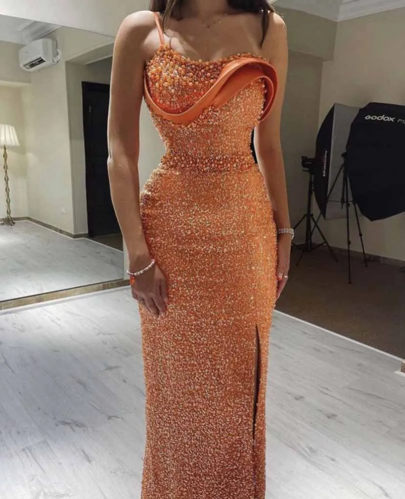 Orange Evening Dress Spaghetti Strap Pearls Beaded Sequin Lace Straight Dresses Y6648