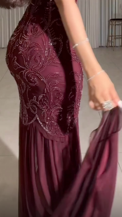 Charming Square Neck Chiffon Beaded Party Dress Burgundy Mermaid Long Prom Dress SP4178
