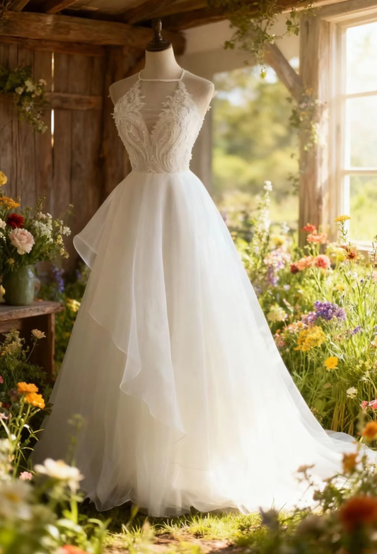 Pretty Halter Sleeveless White Tulle Beaded Long Mermaid Wedding Dress Formal Bridal Dress SP1168