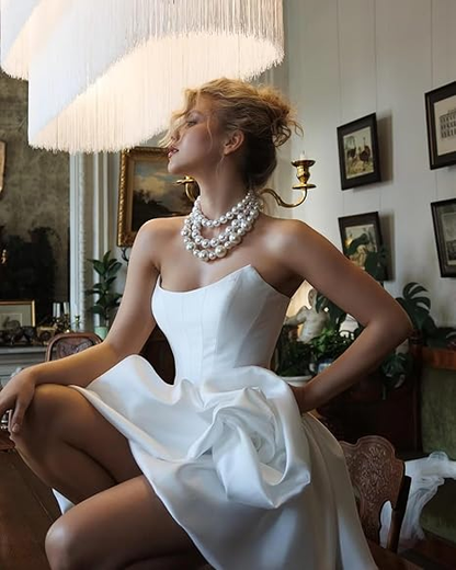 Elegant Strapless White Satin Pleated A Line Short 7th Homecoming Dress Cocktail Dress SP3044
