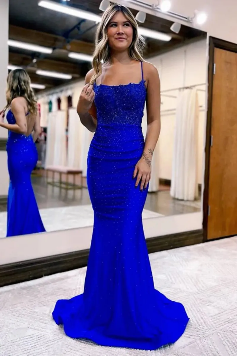 Mermaid Beaded Appliques Spaghetti Straps Cross Back Long Prom Dress Y6308