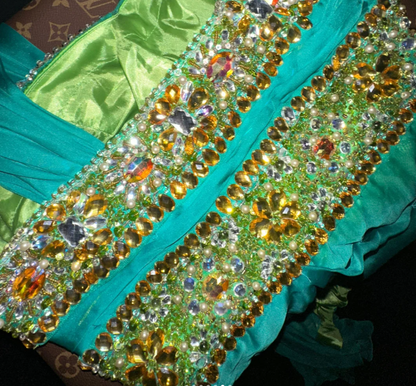 Unique Spaghetti Straps Green Satin Beaded Long Evening Dress Prom Gown SP1065