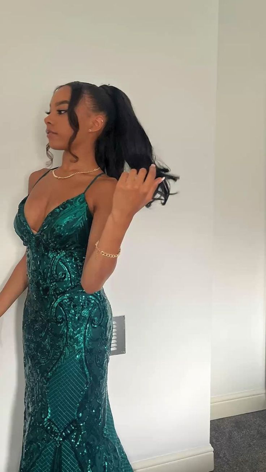 Dark Green V Neck Glitter Mermaid Long Prom Dress Party Dress Y5976