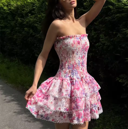 Chic Strapless Pink Print Floral A Line Homecoming Dress Mini Party Dress Y9037