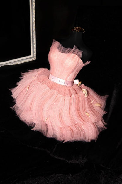 Cute Pink Tulle Sequin A Line Short Graduation Homecoming Dress,Strapless Mini Birthday Dress SP3148