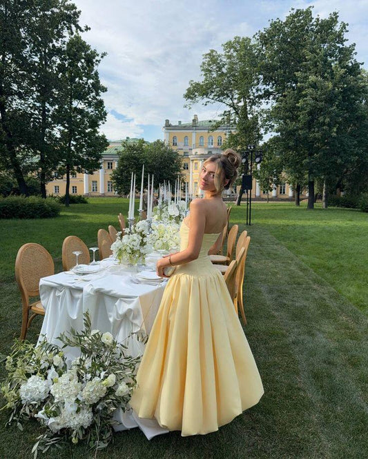 Sweet Strapless Satin A Line Yellow Long Wedding Guest Dress Formal Birthday Evening Dress SP1149