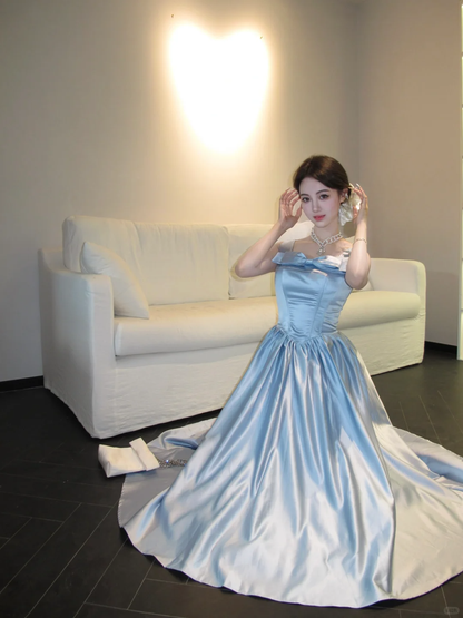 Elegant Blue Bow Satin Tulle A Line Long Birthday Outfits Formal Party Dress Prom Dress SP2091