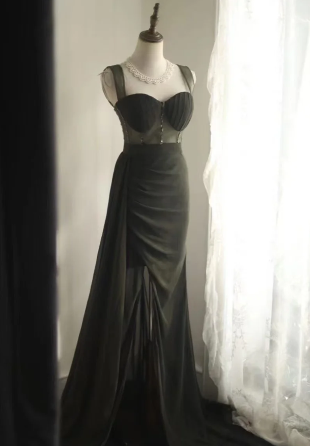 Vintage Green Satin Beaded Slit Mermaid Long Wedding Guest Dress Evening Dress SP1237