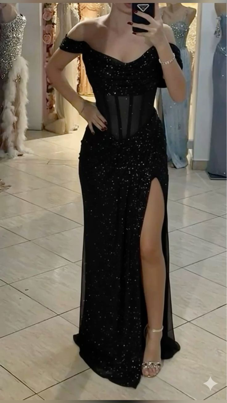 Elegant Off The Shoulder Black Sequin High Slit Long Evening Dress Prom Dress SP2173