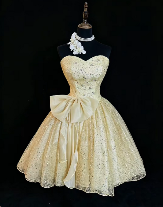 Glitter Champagne Gold Strapless Tulle Sequin Short Homecoming Dress Birthday Outfits With Bow SP2765