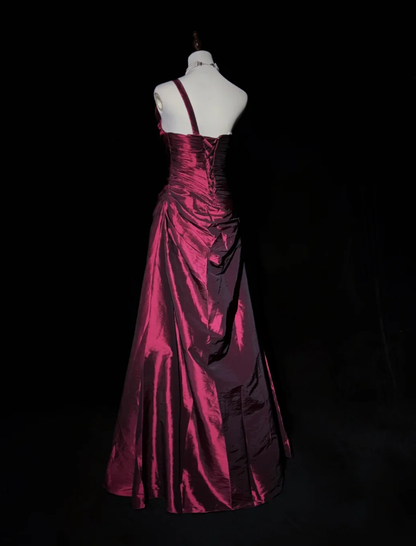 Retro One Shoulder Burgundy Satin Pleated Long Prom Dress Evening Gown SP1968