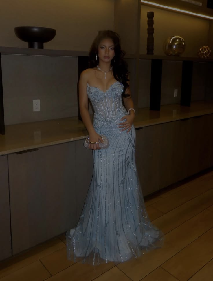 Elegant Blue Tulle Beaded Mermaid Long Party Dress Strapless Long Wedding Guest Dress SP3726