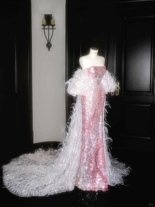 Fairy Pink Strapless Sequins Feathers Mermaid Evening Dress,Slit Prom Dress Y8660