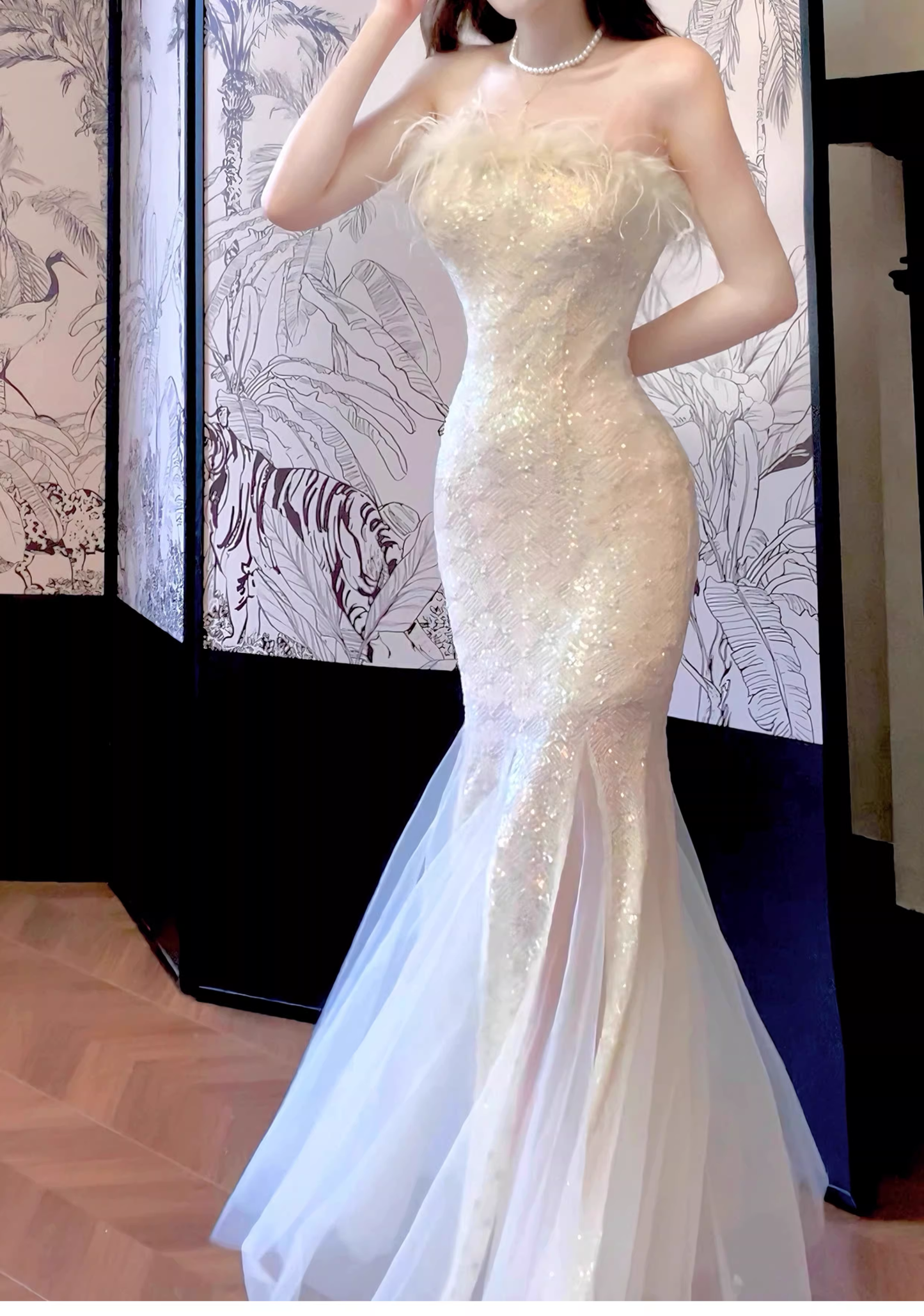 Sexy Feathers Strapless Sequin Tulle Mermaid Long Party Dress Formal 19th Birthday Outfits SP1991