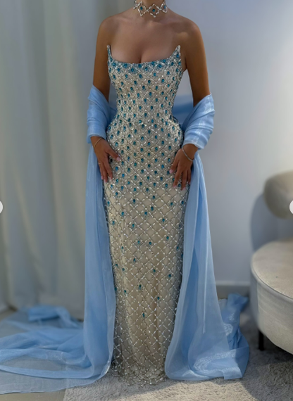 Gorgeous Strapless Blue Sequin Beaded Sheath Long Party Dress Formal Birthday Party Gown SP772