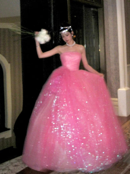 Glitter Pink Strapless Tulle Sequin Long Birthday Prom Dress Party Gown SP3911