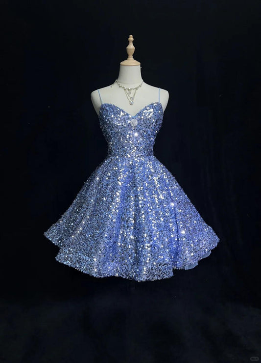 Glitter Blue Sequin A Line Short Homecoming Dress,Spaghetti Straps Mini Birthday Dress SP2918