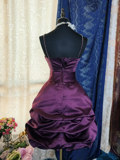Vintage Purple Satin Bow Pleated Short Homecoming Dress Cocktail Dress With Beads SP2191