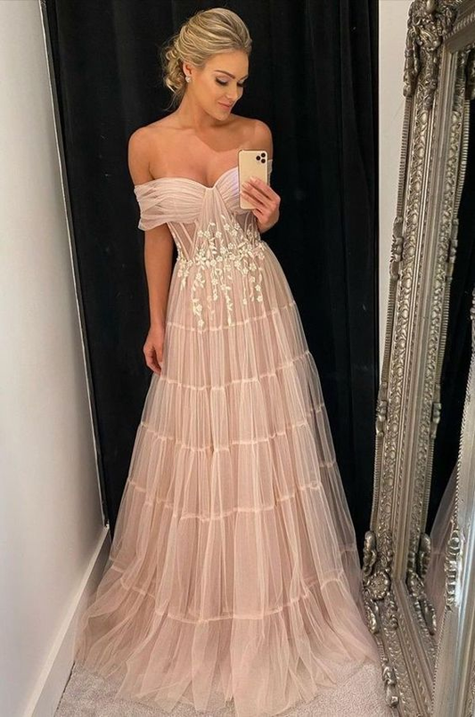 Elegant Off The Shoulder Pink Tulle Prom Dress,Pink Formal Gown Y7058