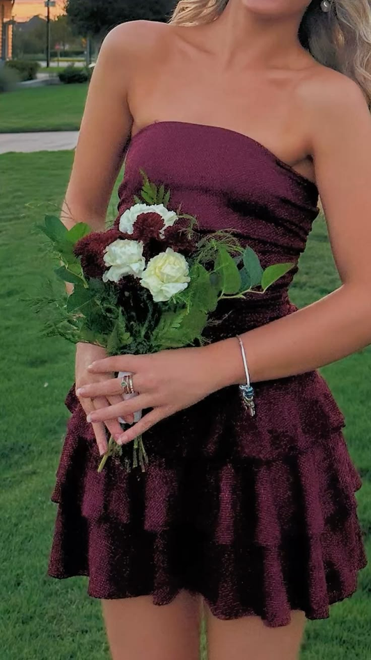 Simple Strapless Satin Layered Short Prom Dress,Burgundy A Line Short Homecoming Dress SP2887