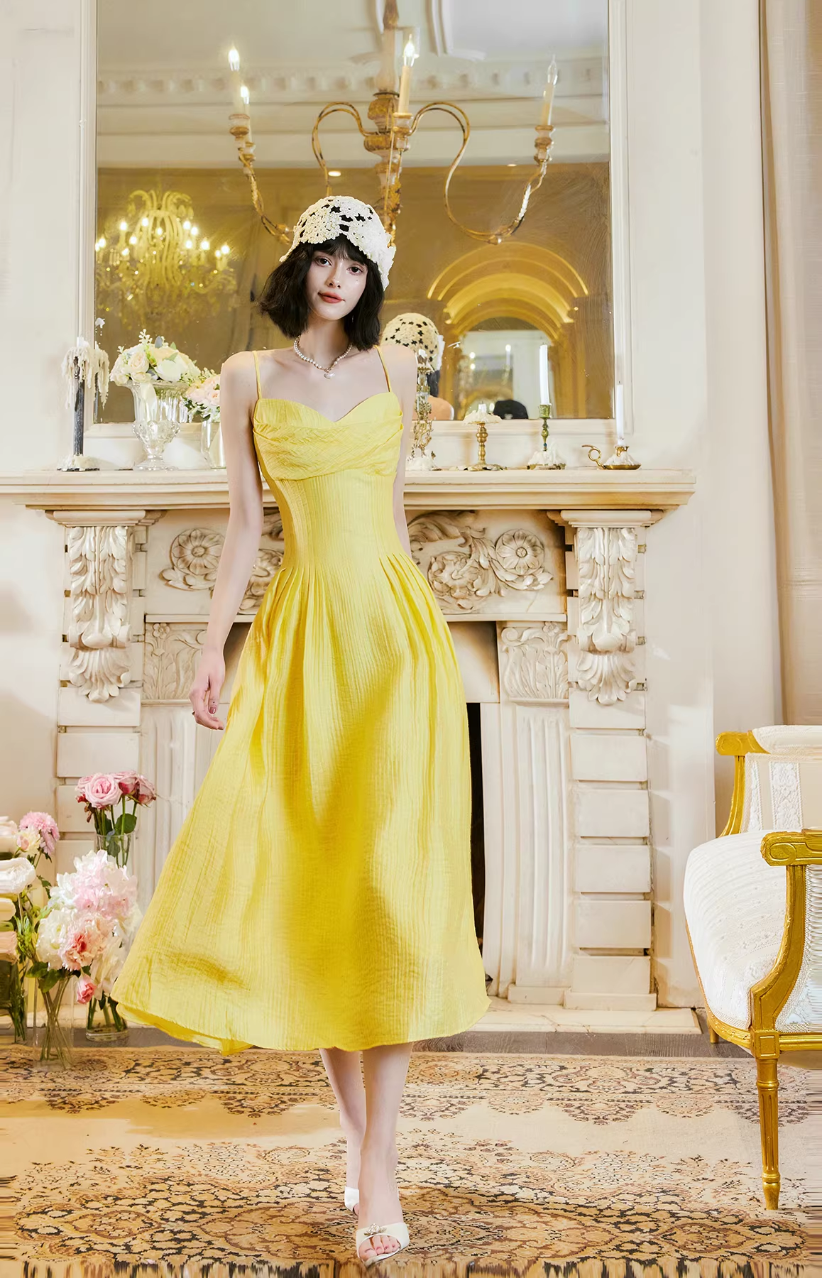 Sweet Spaghetti Straps Yellow Satin A Line Long Party Dress Prom Gowns SP2015