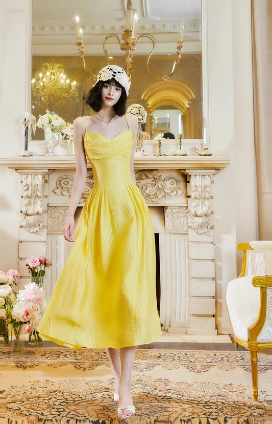 Sweet Spaghetti Straps Yellow Satin A Line Long Party Dress Prom Gowns SP2015