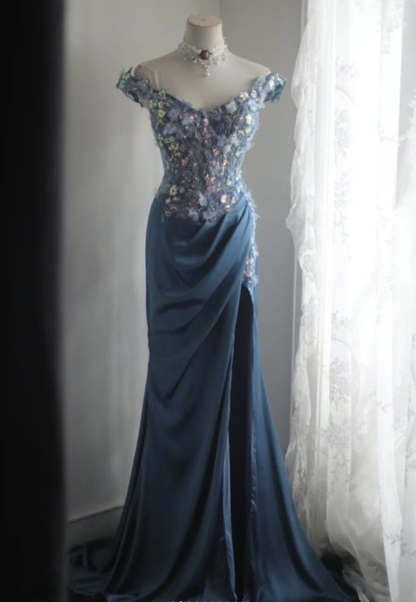 Elegant Blue Off The Shoulder Satin Sequin Appliques Mermaid Evening Dress Silt Long Wedding Guest Dress SP1211