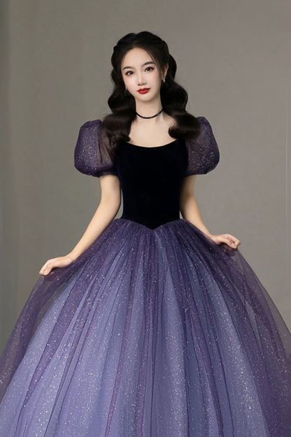 Purple Tulle Short Sleeve Formal Dress, Cute A-Line Evening Dress Y4291