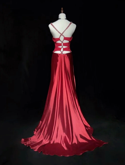 Charming Red Spaghetti Straps Satin Beaded Mermaid Long Wedding Guest Dress Formal Birthday Evening Gowns SP1797