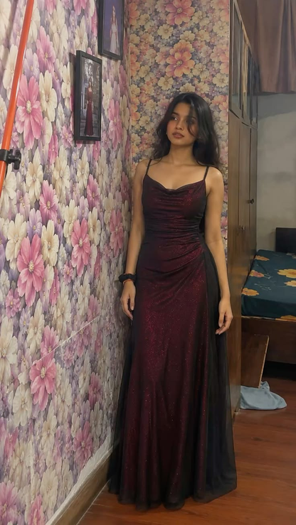 Vintage Spaghetti Straps Burgundy Satin Tulle Long Party Dress Evening Gowns SP4150
