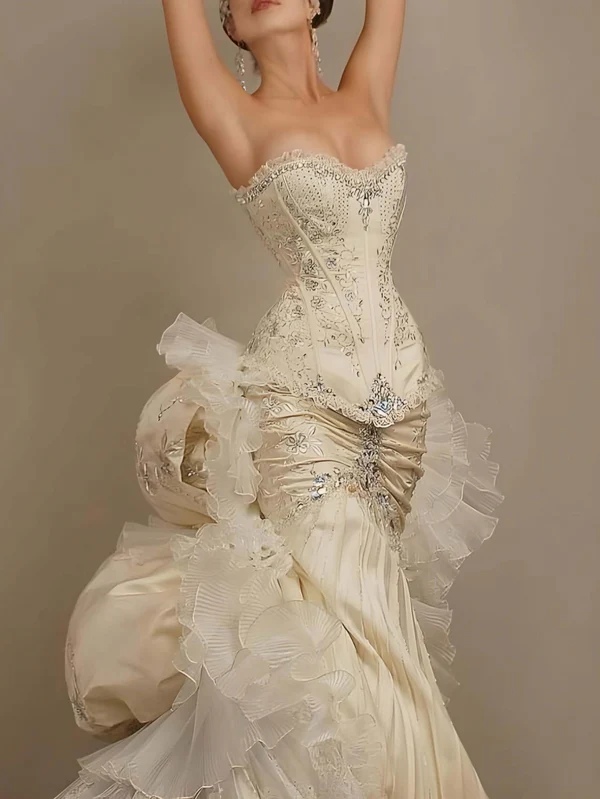 Vintage Strapless Apricot Satin Beaded Pleated Mermaid Long Prom Dress Evening Dress Y9711