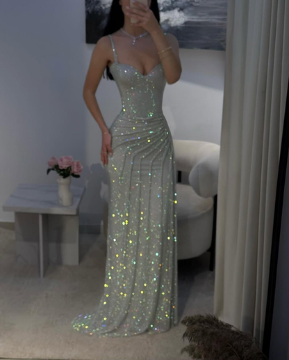 Pretty Spaghetti Straps Silver Sequin Mermaid Slit Long Prom Dress Evening Gown SP14